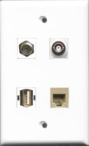 RiteAV 1 Port Coax Cable TV- F-Type and 1 Port USB A-A and 1 Port Phone RJ11 RJ12 Beige and 1 Port BNC Wall Plate