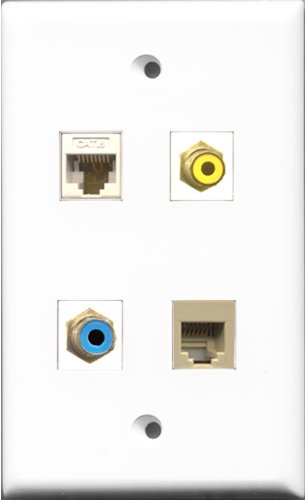 RiteAV 1 Port RCA Yellow and 1 Port RCA Blue and 1 Port Phone RJ11 RJ12 Beige and 1 Port Cat6 Ethernet White Wall Plate