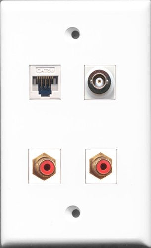 RiteAV - 2 Port RCA Red and 1 Port BNC and 1 Port Cat5e Ethernet White Wall Plate