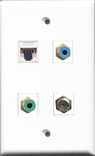 RiteAV 1 Port RCA Green and 1 Port RCA Blue and 1 Port Coax Cable TV- F-Type and 1 Port Cat5e Ethernet White Wall Plate