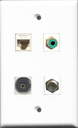 RiteAV 1 Port RCA Green and 1 Port Coax Cable TV- F-Type and 1 Port Toslink and 1 Port Cat6 Ethernet White Wall Plate