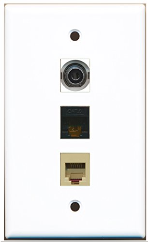 RiteAV - 1 Port Phone RJ11 RJ12 Beige and 1 Port 3.5mm and 1 Port Cat6 Ethernet Black Wall Plate