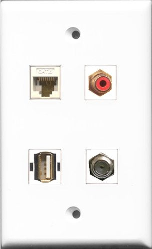RiteAV 1 Port RCA Red and 1 Port Coax Cable TV- F-Type and 1 Port USB A-A and 1 Port Cat6 Ethernet White Wall Plate