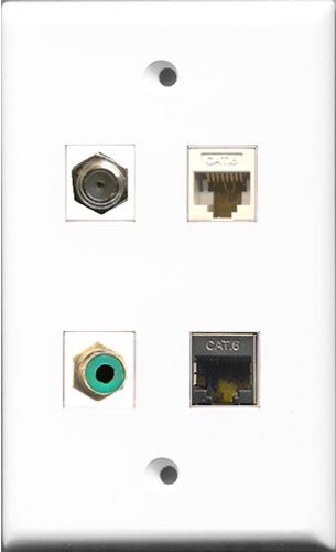 RiteAV 1 Port RCA Green and 1 Port Coax Cable TV- F-Type and 1 Port Shielded Cat6 Ethernet and 1 Port Cat6 Ethernet White Wall Plate