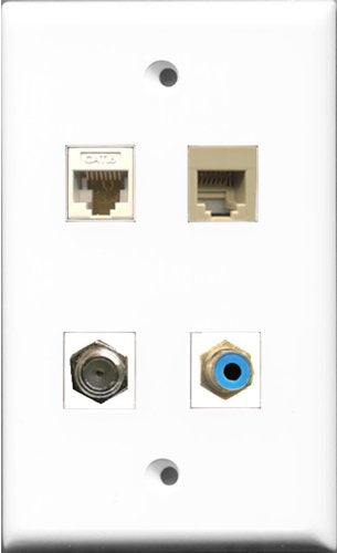 RiteAV 1 Port RCA Blue and 1 Port Coax Cable TV- F-Type and 1 Port Phone RJ11 RJ12 Beige and 1 Port Cat6 Ethernet White Wall Plate