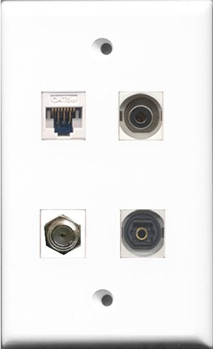 RiteAV - 1 Port Coax Cable TV- F-Type and 1 Port Toslink and 1 Port 3.5mm and 1 Port Cat5e Ethernet White Wall Plate