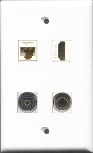 RiteAV 1 Port HDMI and 1 Port Toslink and 1 Port 3.5mm and 1 Port Cat6 Ethernet White Wall Plate