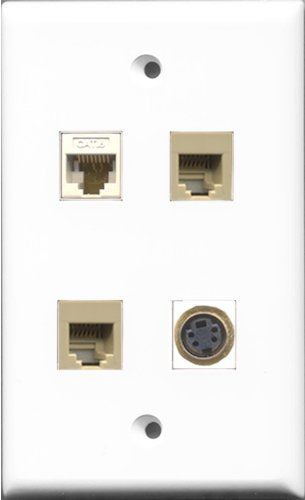RiteAV - 2 Port Phone RJ11 RJ12 Beige and 1 Port S-Video and 1 Port Cat6 Ethernet White Wall Plate