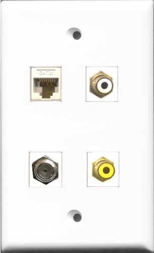 RiteAV 1 Port RCA White and 1 Port RCA Yellow and 1 Port Coax Cable TV- F-Type and 1 Port Cat6 Ethernet White Wall Plate