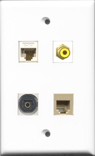 RiteAV 1 Port RCA Yellow and 1 Port Phone RJ11 RJ12 Beige and 1 Port Toslink and 1 Port Cat6 Ethernet White Wall Plate