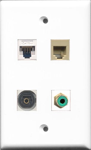 RiteAV 1 Port RCA Green and 1 Port Phone RJ11 RJ12 Beige and 1 Port Toslink and 1 Port Cat5e Ethernet White Wall Plate