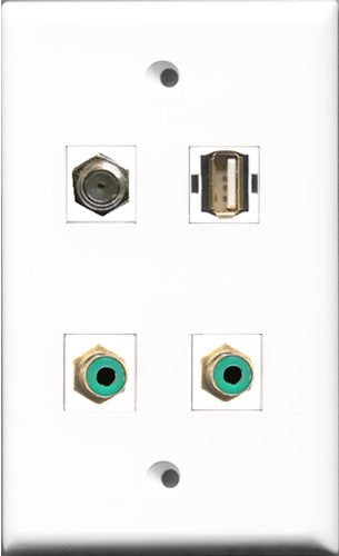 RiteAV - 2 Port RCA Green and 1 Port Coax Cable TV- F-Type and 1 Port USB A-A Wall Plate