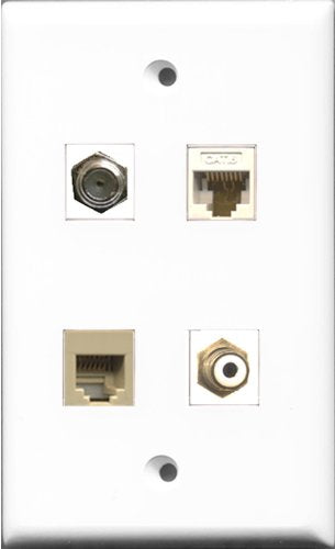 RiteAV 1 Port RCA White and 1 Port Coax Cable TV- F-Type and 1 Port Phone RJ11 RJ12 Beige and 1 Port Cat6 Ethernet White Wall Plate