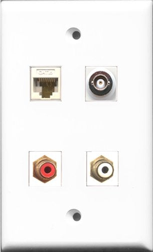 RiteAV 1 Port RCA Red and 1 Port RCA White and 1 Port BNC and 1 Port Cat6 Ethernet White Wall Plate