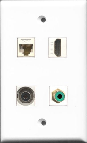 RiteAV 1 Port HDMI and 1 Port RCA Green and 1 Port 3.5mm and 1 Port Cat6 Ethernet White Wall Plate