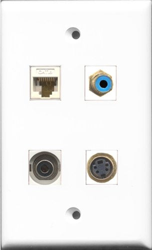 RiteAV 1 Port RCA Blue and 1 Port S-Video and 1 Port 3.5mm and 1 Port Cat6 Ethernet White Wall Plate