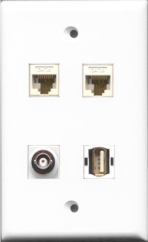 RiteAV 1 Port USB A-A and 1 Port BNC 2 Port Cat6 Ethernet White Wall Plate
