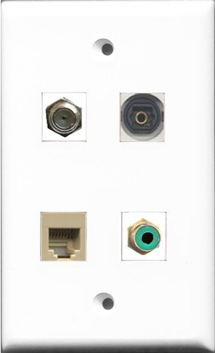 RiteAV 1 Port RCA Green and 1 Port Coax Cable TV- F-Type and 1 Port Phone RJ11 RJ12 Beige and 1 Port Toslink Wall Plate