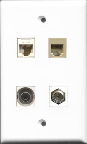 RiteAV 1 Port Coax Cable TV- F-Type and 1 Port Phone RJ11 RJ12 Beige and 1 Port 3.5mm and 1 Port Cat6 Ethernet White Wall Plate