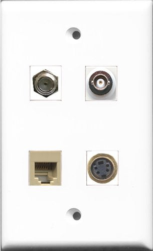 RiteAV 1 Port Coax Cable TV- F-Type and 1 Port Phone RJ11 RJ12 Beige and 1 Port S-Video and 1 Port BNC Wall Plate