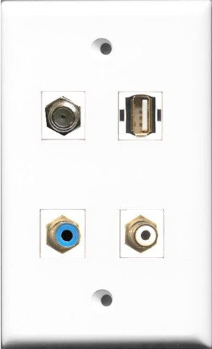 RiteAV 1 Port RCA White and 1 Port RCA Blue and 1 Port Coax Cable TV- F-Type and 1 Port USB A-A Wall Plate