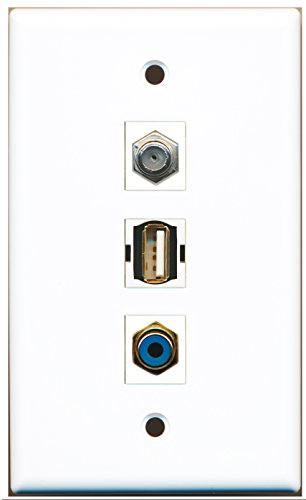 RiteAV - 1 Port RCA Blue and 1 Port Coax Cable TV- F-Type and 1 Port USB A-A Wall Plate