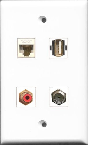 RiteAV 1 Port RCA Red and 1 Port Coax Cable TV- F-Type and 1 Port USB A-A and 1 Port Cat6 Ethernet White Wall Plate