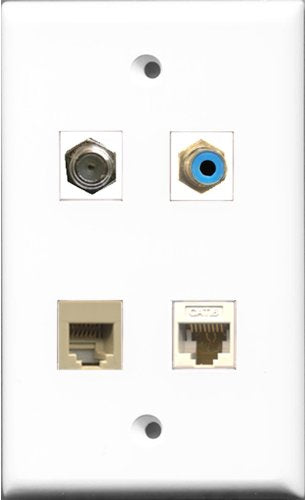 RiteAV 1 Port RCA Blue and 1 Port Coax Cable TV- F-Type and 1 Port Phone RJ11 RJ12 Beige and 1 Port Cat6 Ethernet White Wall Plate