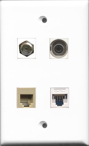 RiteAV 1 Port Coax Cable TV- F-Type and 1 Port Phone RJ11 RJ12 Beige and 1 Port 3.5mm and 1 Port Cat5e Ethernet White Wall Plate