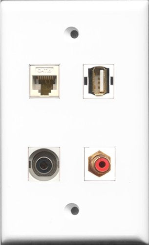 RiteAV 1 Port RCA Red and 1 Port USB A-A and 1 Port 3.5mm and 1 Port Cat6 Ethernet White Wall Plate