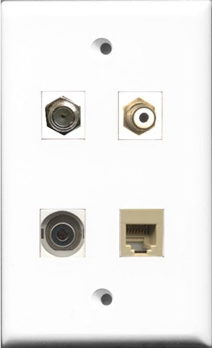RiteAV 1 Port RCA White and 1 Port Coax Cable TV- F-Type and 1 Port Phone RJ11 RJ12 Beige and 1 Port 3.5mm Wall Plate