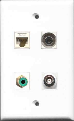 RiteAV 1 Port RCA Green and 1 Port 3.5mm and 1 Port BNC and 1 Port Cat6 Ethernet White Wall Plate