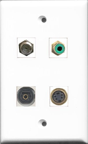 RiteAV 1 Port RCA Green and 1 Port Coax Cable TV- F-Type and 1 Port S-Video and 1 Port Toslink Wall Plate