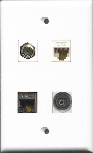 RiteAV 1 Port Coax Cable TV- F-Type and 1 Port Shielded Cat6 Ethernet and 1 Port Toslink and 1 Port Cat6 Ethernet White Wall Plate