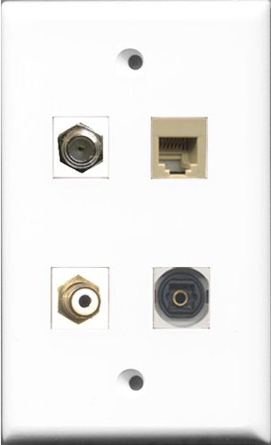 RiteAV 1 Port RCA White and 1 Port Coax Cable TV- F-Type and 1 Port Phone RJ11 RJ12 Beige and 1 Port Toslink Wall Plate
