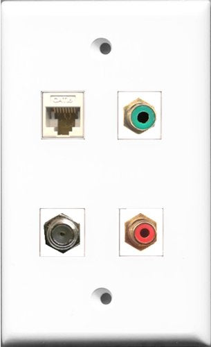 RiteAV 1 Port RCA Red and 1 Port RCA Green and 1 Port Coax Cable TV- F-Type and 1 Port Cat6 Ethernet White Wall Plate