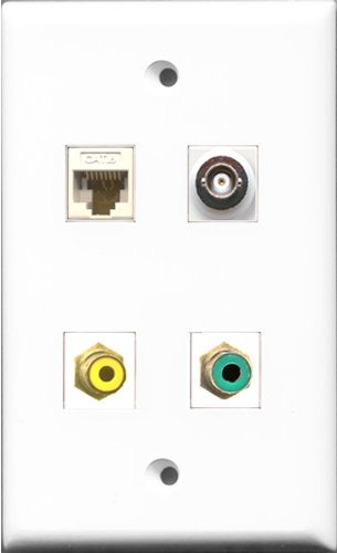 RiteAV 1 Port RCA Yellow and 1 Port RCA Green and 1 Port BNC and 1 Port Cat6 Ethernet White Wall Plate