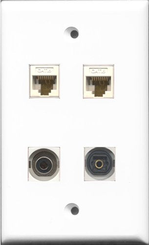 RiteAV 1 Port Toslink and 1 Port 3.5mm 2 Port Cat6 Ethernet White Wall Plate