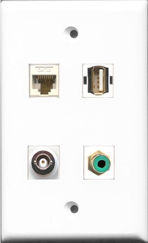 RiteAV 1 Port RCA Green and 1 Port USB A-A and 1 Port BNC and 1 Port Cat6 Ethernet White Wall Plate