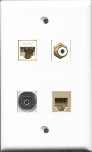 RiteAV 1 Port RCA White and 1 Port Phone RJ11 RJ12 Beige and 1 Port Toslink and 1 Port Cat6 Ethernet White Wall Plate