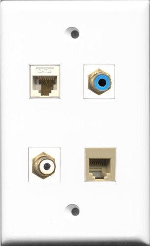 RiteAV 1 Port RCA White and 1 Port RCA Blue and 1 Port Phone RJ11 RJ12 Beige and 1 Port Cat6 Ethernet White Wall Plate