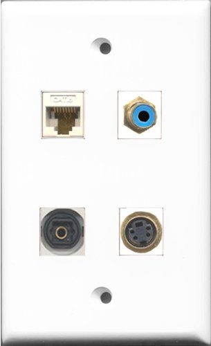 RiteAV 1 Port RCA Blue and 1 Port S-Video and 1 Port Toslink and 1 Port Cat6 Ethernet White Wall Plate