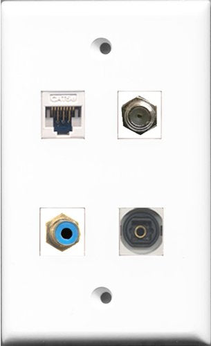 RiteAV - 1 Port RCA Blue and 1 Port Coax Cable TV- F-Type and 1 Port Toslink and 1 Port Cat5e Ethernet White Wall Plate