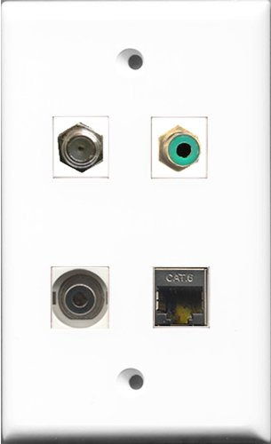 RiteAV 1 Port RCA Green and 1 Port Coax Cable TV- F-Type and 1 Port Shielded Cat6 Ethernet and 1 Port 3.5mm Wall Plate