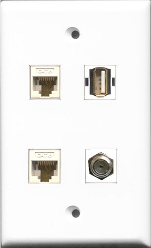 RiteAV 1 Port Coax Cable TV- F-Type and 1 Port USB A-A 2 Port Cat6 Ethernet White Wall Plate