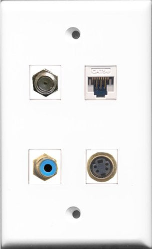 RiteAV 1 Port RCA Blue and 1 Port Coax Cable TV- F-Type and 1 Port S-Video and 1 Port Cat5e Ethernet White Wall Plate