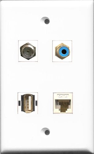 RiteAV 1 Port RCA Blue and 1 Port Coax Cable TV- F-Type and 1 Port USB A-A and 1 Port Cat6 Ethernet White Wall Plate