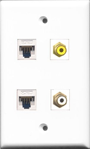 RiteAV 1 Port RCA White and 1 Port RCA Yellow 2 Port Cat5e Ethernet White Wall Plate