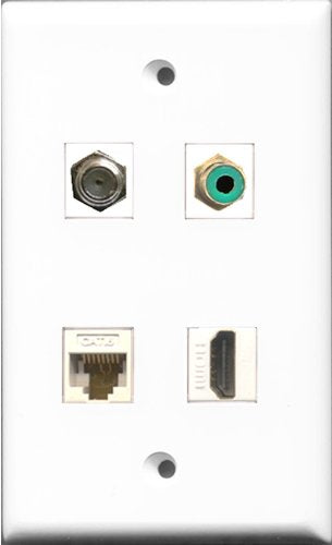 RiteAV 1 Port HDMI and 1 Port RCA Green and 1 Port Coax Cable TV- F-Type and 1 Port Cat6 Ethernet White Wall Plate