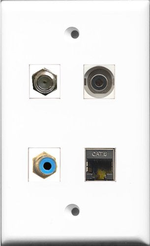 RiteAV 1 Port RCA Blue and 1 Port Coax Cable TV- F-Type and 1 Port Shielded Cat6 Ethernet and 1 Port 3.5mm Wall Plate